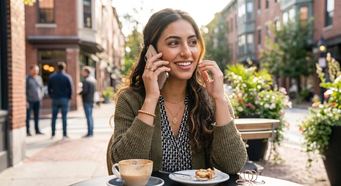 Business owner on a phone call at an outdoor cafe table