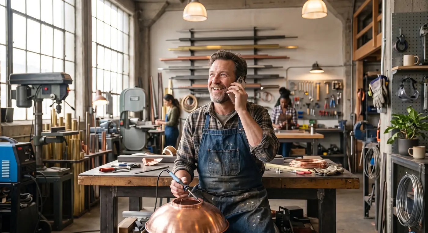 Workshop owner taking a phone call while soldering at his bench